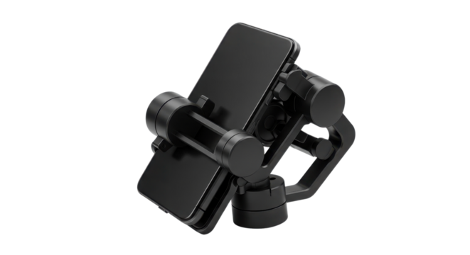 Black Smartphone Mounted in Professional Handheld Gimbal Stabilizer Product Shot isolated on Transparent Background
