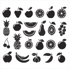 Collection of stylized black and white fruit icons on a white background