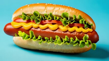 juicy hotdog with fresh tomato ketchup and crisp lettuce leaf on colorful background national hot dog day celebration delicious fast food concept of summer meals street food