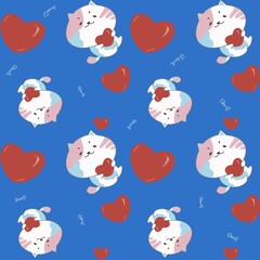 Seamless pattern of cute cat cartoon with heart on rich blue color background. Can print it on fabric, stationery, gift paper, wall art cover, bed cover, etc. 