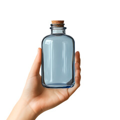 Hand holding clear glass bottle with cork stopper isolated on transparent background