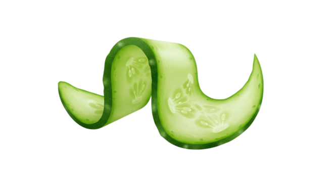 Fresh green cucumber spiral ribbon slice floating in the air isolated on Transparent Background