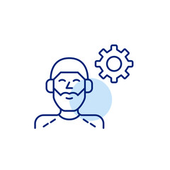 Man in headphones and cogwheel. Audio settings, personalized listening, sound configuration, media control, user audio preferences. Pixel perfect, editable stroke vector icon