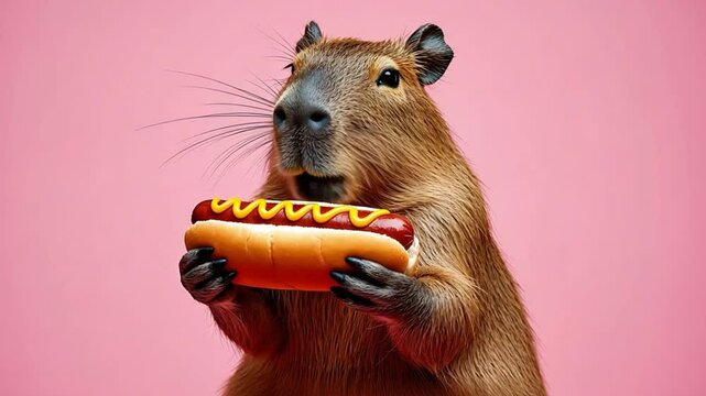 adorable capybara holding juicy hotdog with mustard and ketchup on vibrant background funny animal food concept unusual wildlife and fast food 