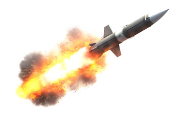 Missile launch with fiery explosion and smoke isolated on a transparent background