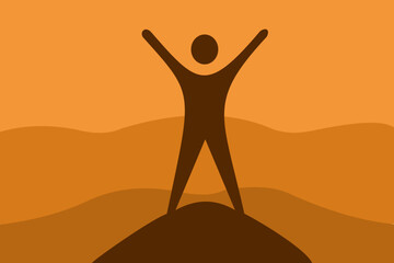 Vector illustration of a celebratory human figure on a hill amidst warm orange tones, evoking inspiration, joy and success.