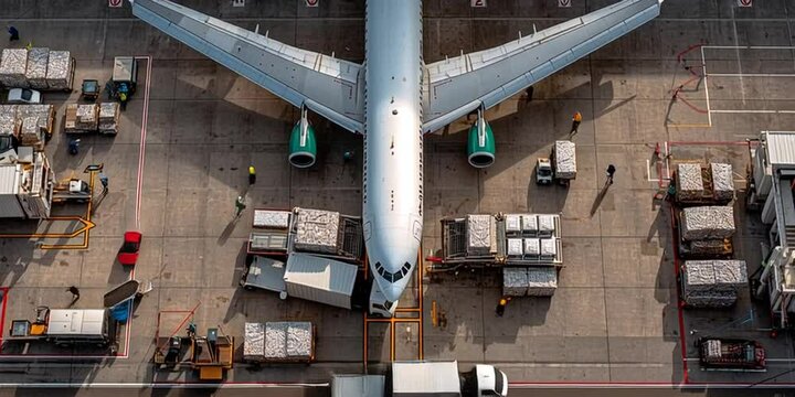 Top-down view of commercial aircraft parked at airport gate