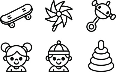 Children's Toys and Cute Kids Outline Icons Set.