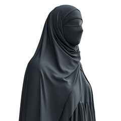 Muslim woman wearing black niqab and abaya side profile isolated on transparent background
