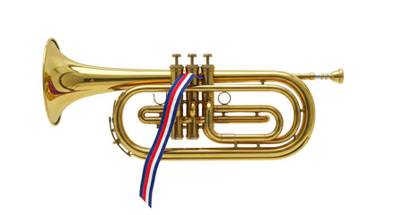 Naklejka premium Gold brass bugle with red white blue ribbon isolated on white
