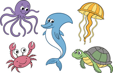 Colorful Sea Clipart Set for Ocean and Marine Life Designs. High Quality Colorful Sea Clipart Set for Creative Projects. Beautiful Colorful Sea Clipart Set for Digital and Print Media