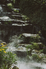 Gentle waterfall flowing down mossy rocks surrounded by dense greenery – peaceful natural...
