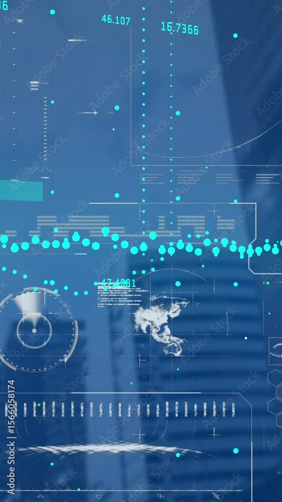 Poster animation of interface with data processing against low angle view of tall buildings
