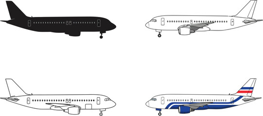 Airplane illustration set with different views and color schemes for design and creative projects