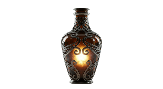 Ornate Amber Glass Flask Mockup with Internal Golden Glowing Light and Antique Filigree isolated on Transparent Background