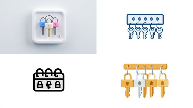 Keys diverse icons including groups, keychains, and locks, arranged
