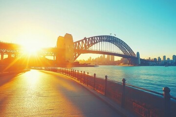 Obraz premium Sydney Harbour Bridge illuminated by vibrant sunset light over the water, Sydney harbour bridge in sunset sun light Bright sunshine over Australian city
