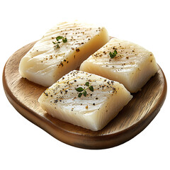 Raw white fish fillets with seasoning on wooden plate isolated on transparent background