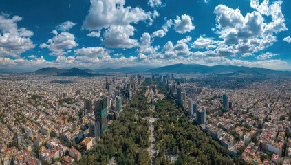 Majestic aerial panorama of a sprawling city nestled beneath a vibrant, cloud-filled sky.