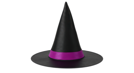 Black witch hat with purple band isolated on white background