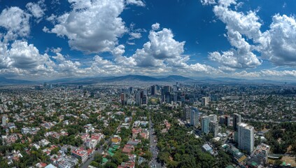 Panoramic Aerial View of a Sprawling City Under a Vivid Blue Sky with Puffy Clouds