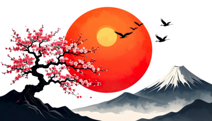 Chinese style background with plum blossom and Chinese lanterns on white background.