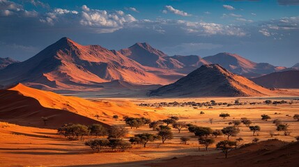 Fototapeta premium African Desert Landscape at Sunset with Orange Sand Dunes and Mountains