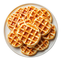 Round golden waffles stacked on white plate isolated on transparent background