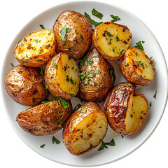 Roasted baby potatoes with herbs and seasoning on plate isolated on transparent background
