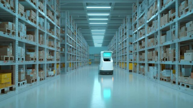 Photorealistic scene of a serene, ultra-quiet warehouse, illuminated by soft blue lights, featuring an autonomous inventory checker gliding through neatly organized shelves.