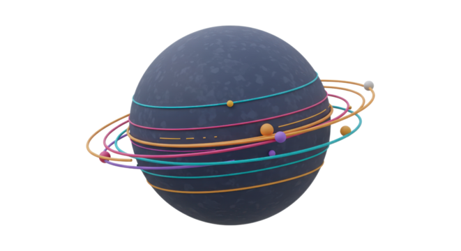 Abstract textured globe with orbital rings isolated PNG with Transparent Background