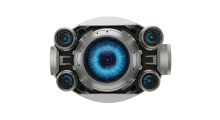 Futuristic robotic eye with blue digital iris on white background