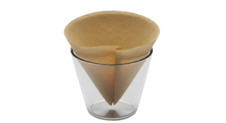 Brown paper coffee filter in clear glass cup isolated on white background