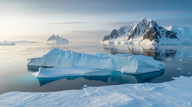 Majestic Icebergs Floating in the Arctic Ocean Under a Golden Sunrise Sky