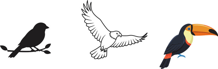 Obraz premium Bird species illustration vector art featuring sparrow eagle and toucan for graphic design projects