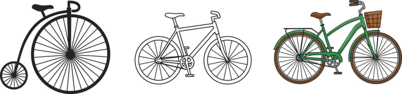 Different types of bicycles penny farthing city bike cruiser bike vector illustration set design