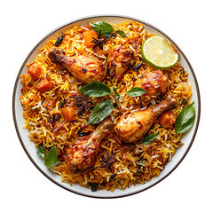 Traditional chicken biryani with spices and herbs served on plate isolated on transparent background