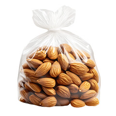 Transparent plastic bag filled with whole almonds isolated on transparent background