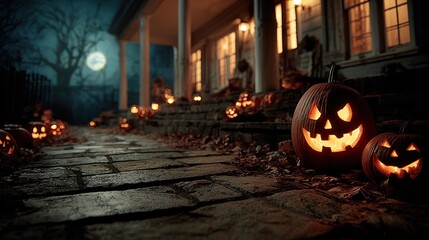 Halloween porch with jack-o'-lanterns