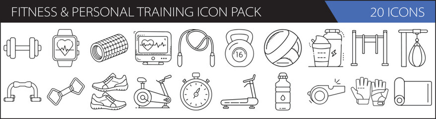 Fitness & Personal Training Icon Set – Gym Gear, Exercise Tools & Wellness Icons