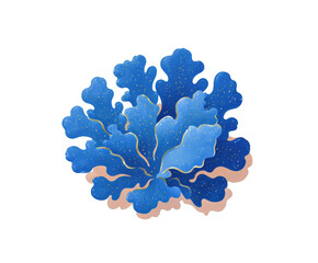 Stylized blue coral-like shape with soft curves, golden accents, and subtle speckled texture, isolated on white background. Concept of underwater flora and artistic marine abstraction