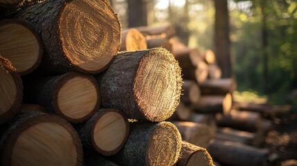 Stacked logs in forest setting, warm sunlight. Bark details prominent on cut ends