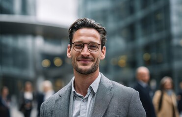 Confident professional man smiles warmly, outdoors in a city setting. He wears glasses and a smart casual jacket.