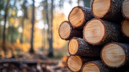 Stacked logs show end grain detail, with blurred trees, leaves & sunlit forest in background