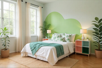 bedroom mockup with blank wall in green colors