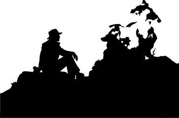 silhouette of a man and dog in the hill