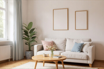 withe sofa in living room with little pillows and blank wood frames