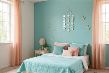 bedroom with a bed in blue-pink colors