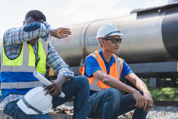 Construction Workers Taking a Break on Railway Tracks, Railroad Engineers Resting by a Freight...