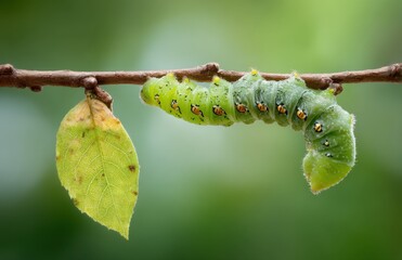 Vibrant green caterpillar clings to a slender branch, a single leaf hangs beside it, showcasing nature's delicate balance.